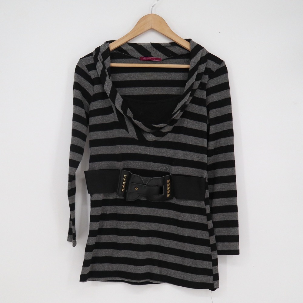 Julies Closet Striped Cowl Neck Tunic Top with Studded Belt Gray Black Large
